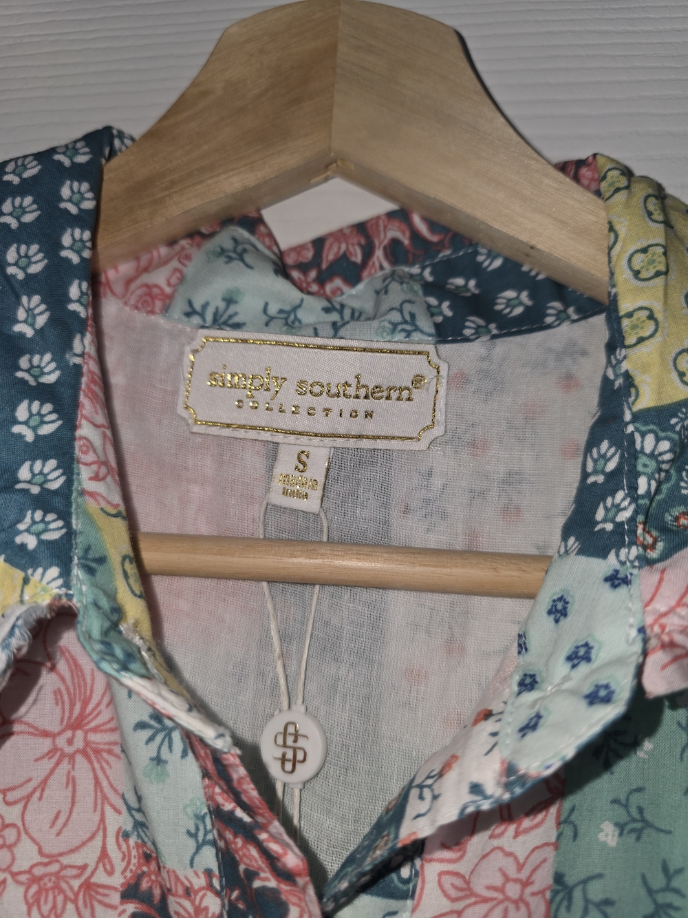 Simply Southern Patchwork Tiered Button-Front Dress in Multicolor Size Small - Picture 4 of 10
